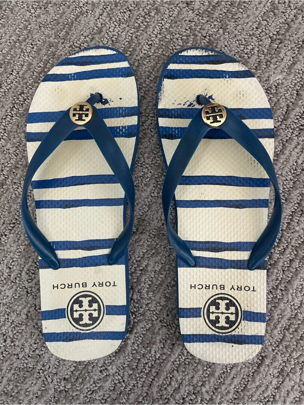 Tory Burch Blue Stripe Logo Medallion Rubber Flip Flops Sandals Women’s Size 8